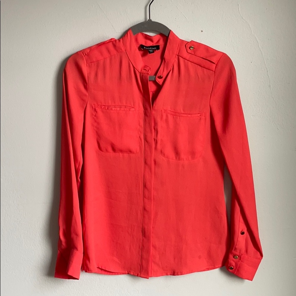 Bebe Coral Button Down Blouse with Gold Detail